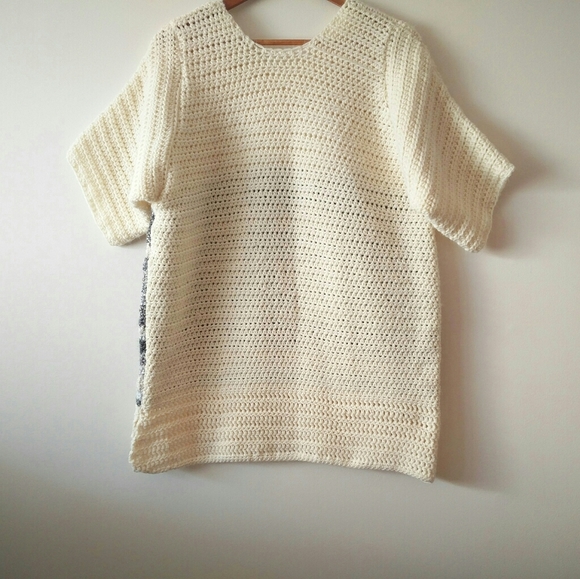 Hand Knit Short Sleeve Cream & Grey Blue Stripped Tunic Sweater - Picture 9 of 13